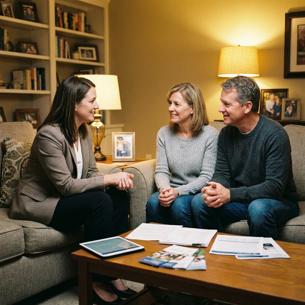 A friendly insurance agent meeting with a couple in their living room