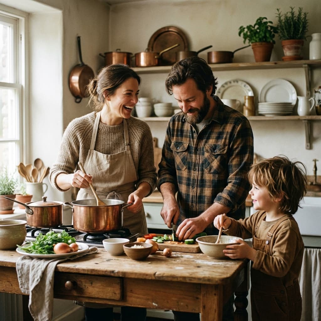 A family cooking dinner together in a warm farmhouse kitchen